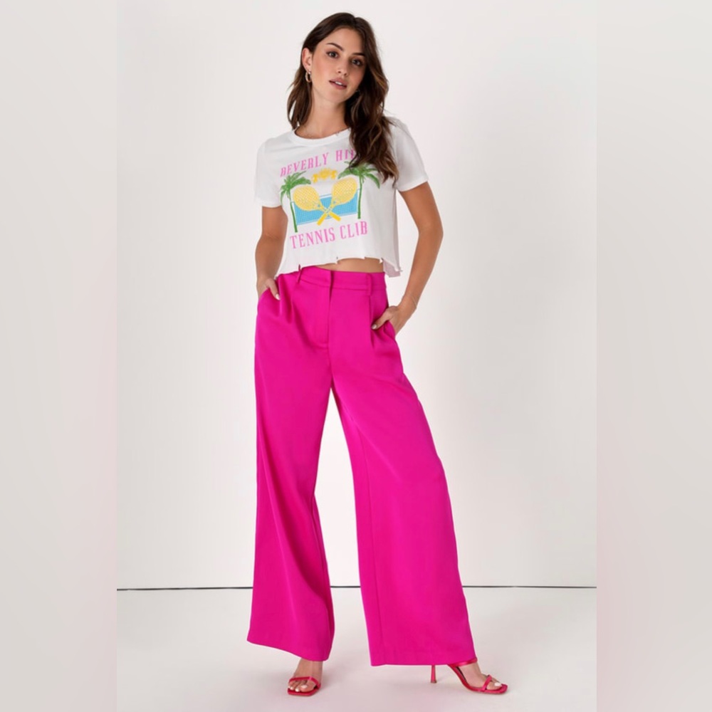 Lulu’s Chic Redefined Fuchsia High-Waisted Wide-Leg Trouser Pants